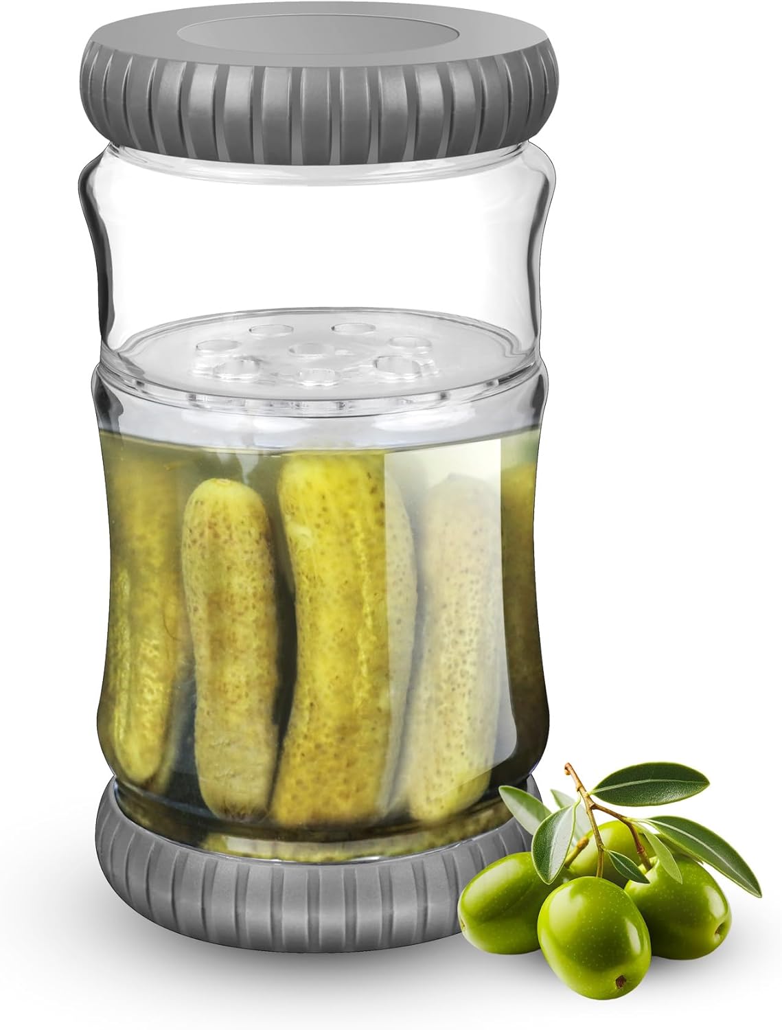 40oz Glass Pickle Jar with Strainer Flip - Pickle Storage Container with Airtight Lid, BPA-Free, Dishwasher Safe, Fermentation Hourglass Jar for Kimchi, Olives, Jalapeno, Gherkins (Dark Gray)