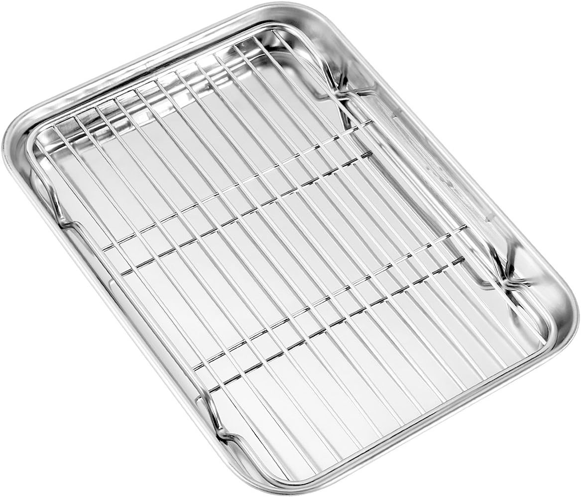 Baking Sheet with Wire Rack, Cookie Sheet Baking Pan Toaster Oven Tray with Cooling Rack, Stainless Steel Eighth Sheet Pan with Rack 9' x 7' x 1', Healthy & Non Stick & Dishwasher Safe