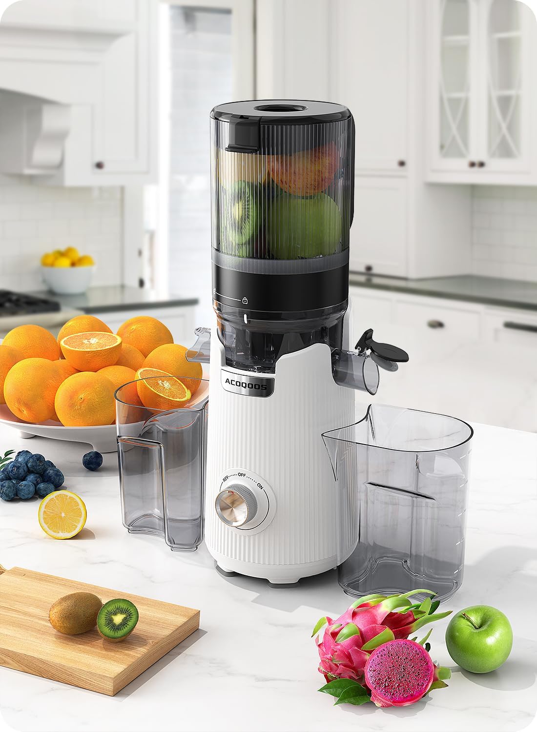 ACOQOOS Juicer Machines, Cold Press Juicer Whole Fruit and Vegetable with 5.3" Wider and Larger Feeding Chute (Capacity 1.8L), Easy to Clean Juicers with 2 Cups, Masticating Juicer White