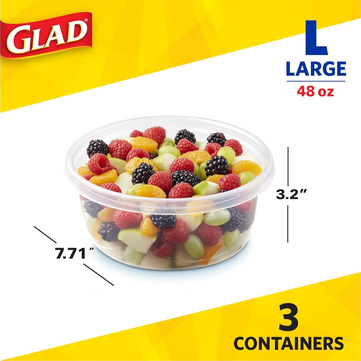 Glad Big Bowl Food Storage Containers, Large Round - (48 Oz) - 3 Count, Standard