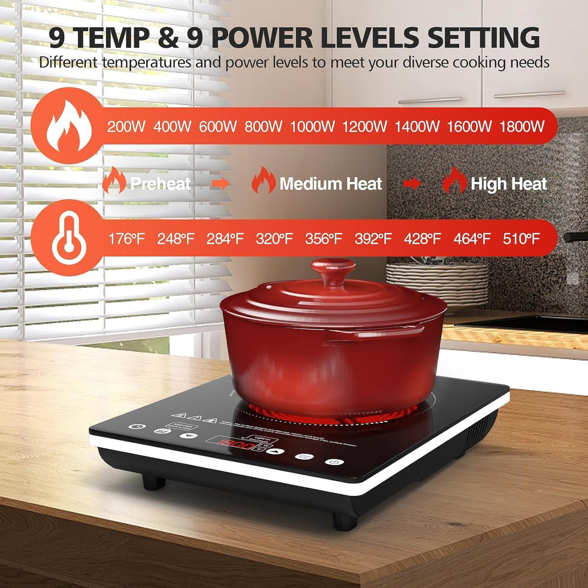 Single Burner Electric Cooktop, 1800W Electric Stove Top Portable, Infrared Hot Plate 110v Plug in Countertop, Child Safety Lock, Timer, 9 Power Level, Compatible for All Cookware, Induction Cookotp