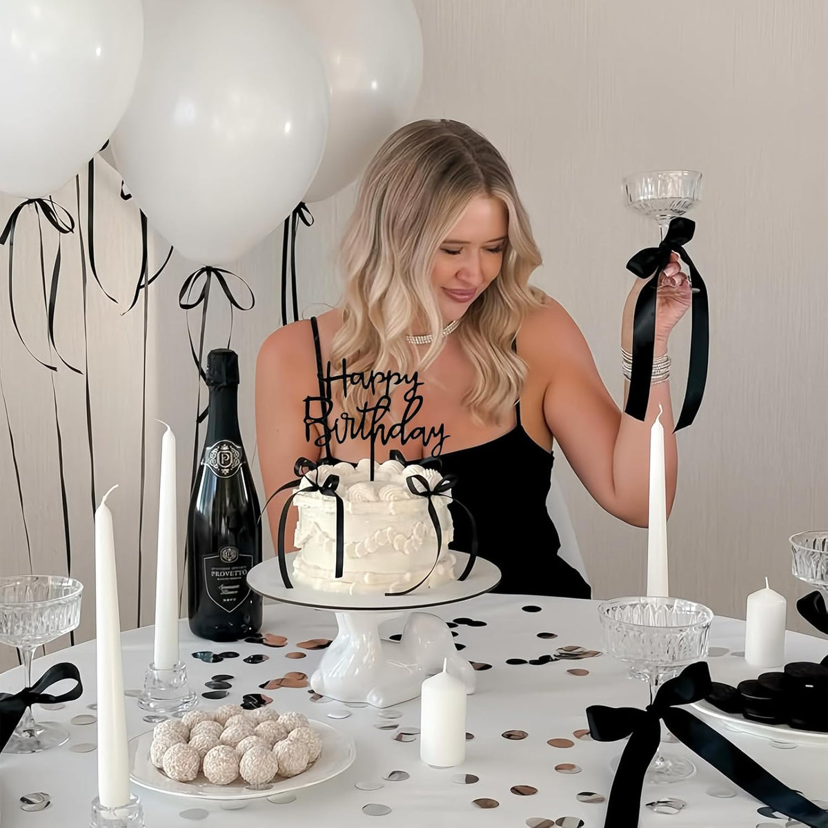 Black Bow Cake Topper Bowknot Ribbons Cupcake Toppers Bow Tie Cake Decorations Black Coquette Bows Cupcake Dessert Picks Happy Birthday Pick for Girl Birthday Princess Wedding Party Supplies 7Pcs