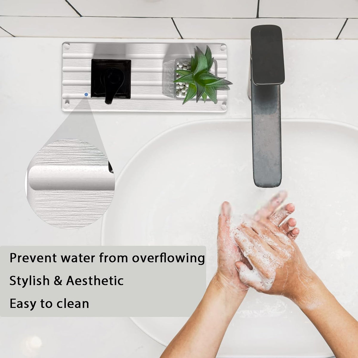 2 PCS Water Absorbing Stone Trays for Bathroom Counter, Fast-Drying Faucet Mat for Kitchen Sink, Diatomite Sink Caddy, Hand Soap Holder with Anti-Skid Feet (9.5" x 4.7" White)