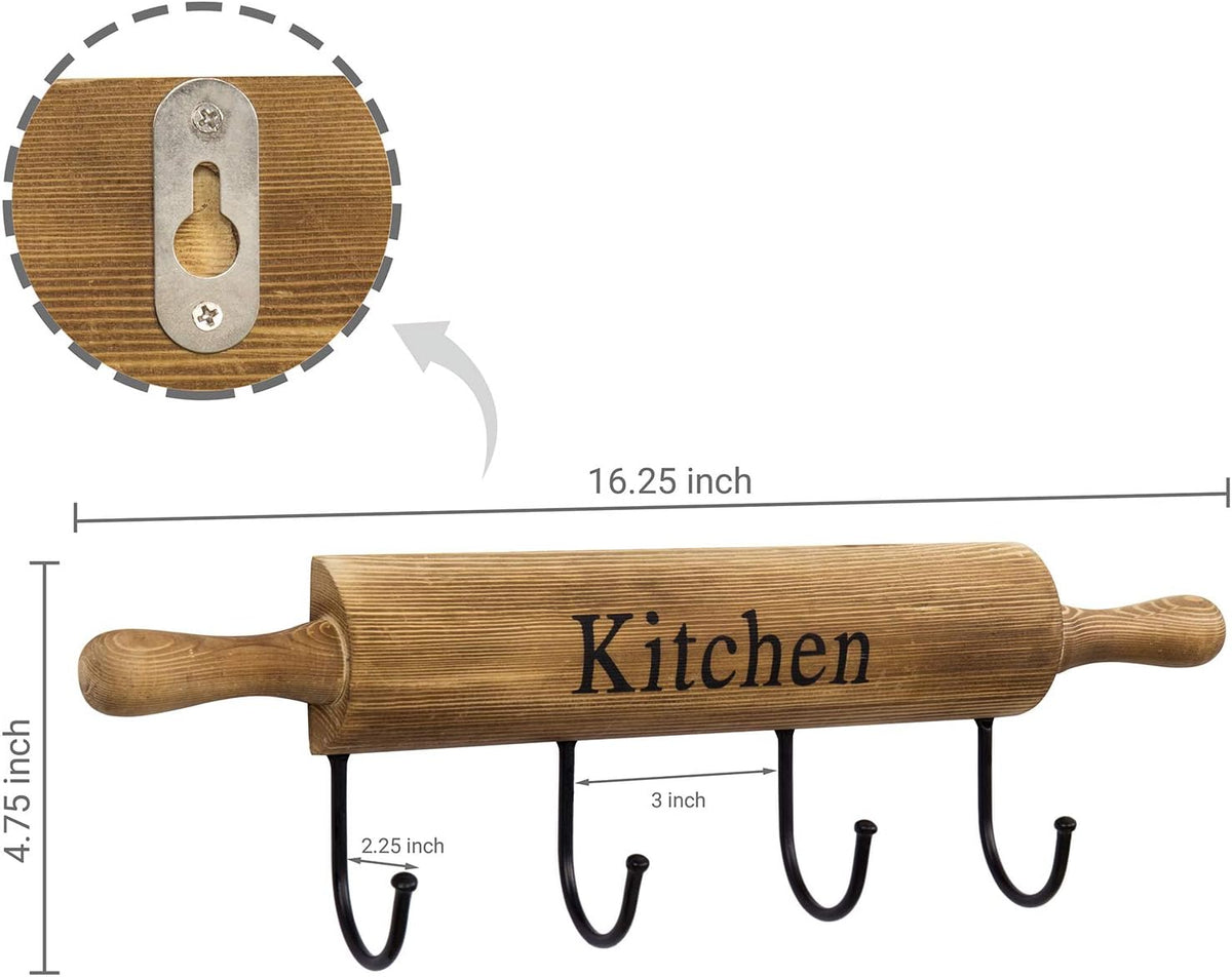 MyGift Rustic Burnt Brown Wood Kitchen Hooks for Hanging Cooking Utensils, Coffee Mugs and Hand Towels, Decorative Rolling Pin Design Kitchen Wall Decor with 4 Hooks