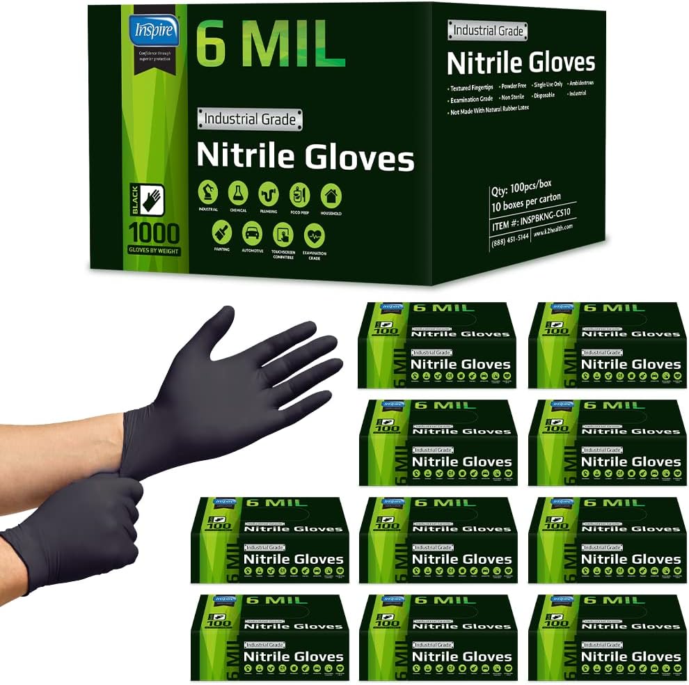 Inspire HEAVY DUTY ORIGINAL Stretch Nitrile Black Gloves Disposable Latex Free | Food, Mechanic, 6mil Black or 8 Mil Orange