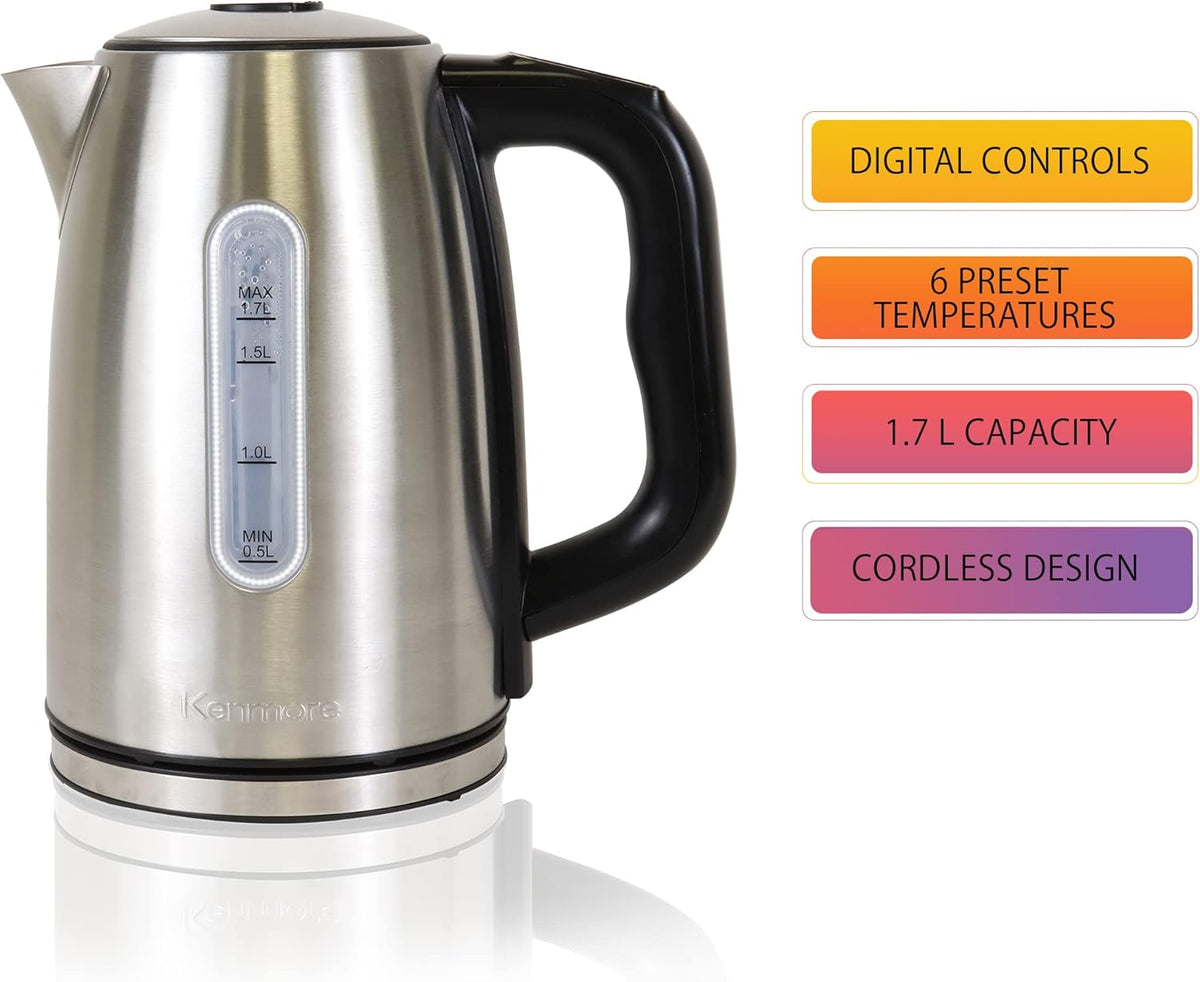 Kenmore Electric Kettle - Cordless Digital Calentador De Agua, Stainless Steel Instant Tea Pot, Preset Temperature Control, Automatic Shut-Off, Rapid Boil, Hot Water Boiling Heater, 1.7 Liter Silver