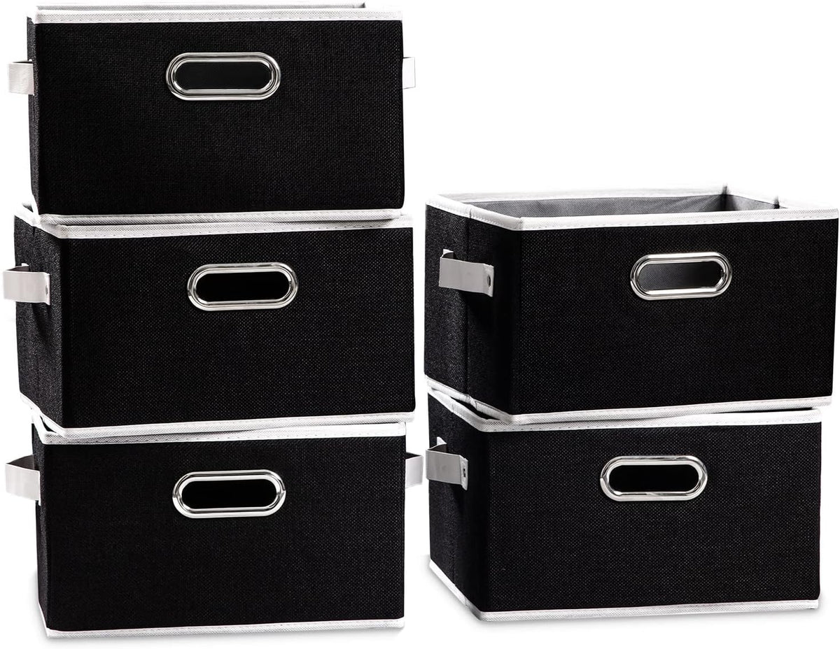 PRANDOM Large Collapsible Storage Bins for Closet [5-Pack] Decorative Fabric Storage Baskets Cubes with Leather/Metal Handles for Shelves Bedroom Living Room Black (14.9x9.8x8.3 Inch)