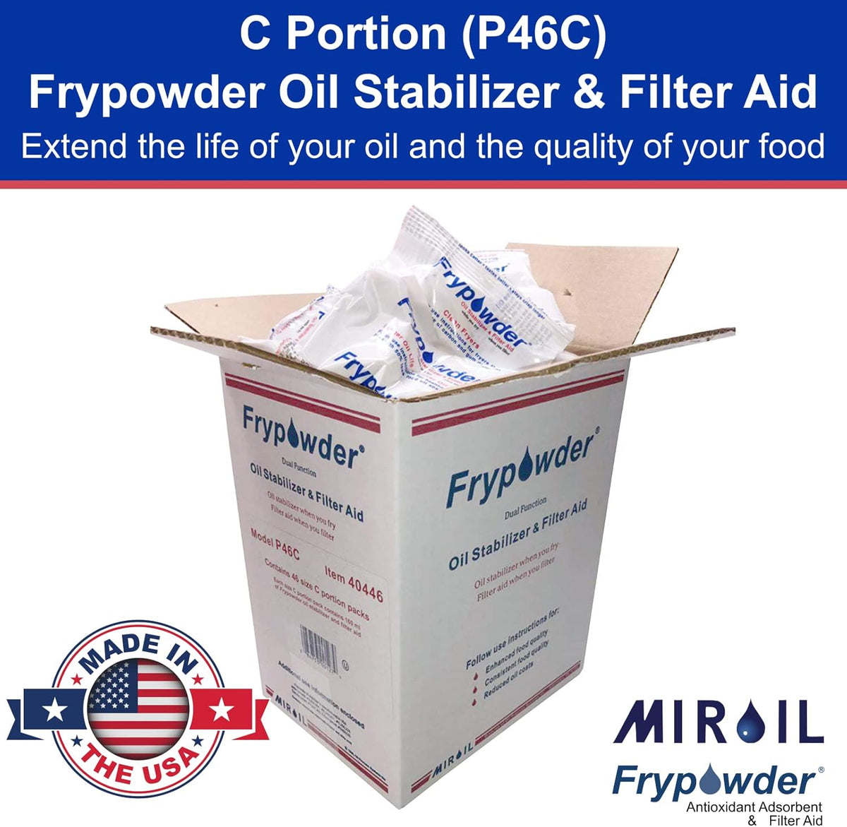 MirOil P46C Fry Powder Oil Stabilizer and Filter Aid, 46 x Size C Portion Pack(160ML Each) Fry Powder, Food Centers Cook Hotter, Deep Fryer Cooking Oil Saver Helps Save Grease & Remove Carbon Deposits