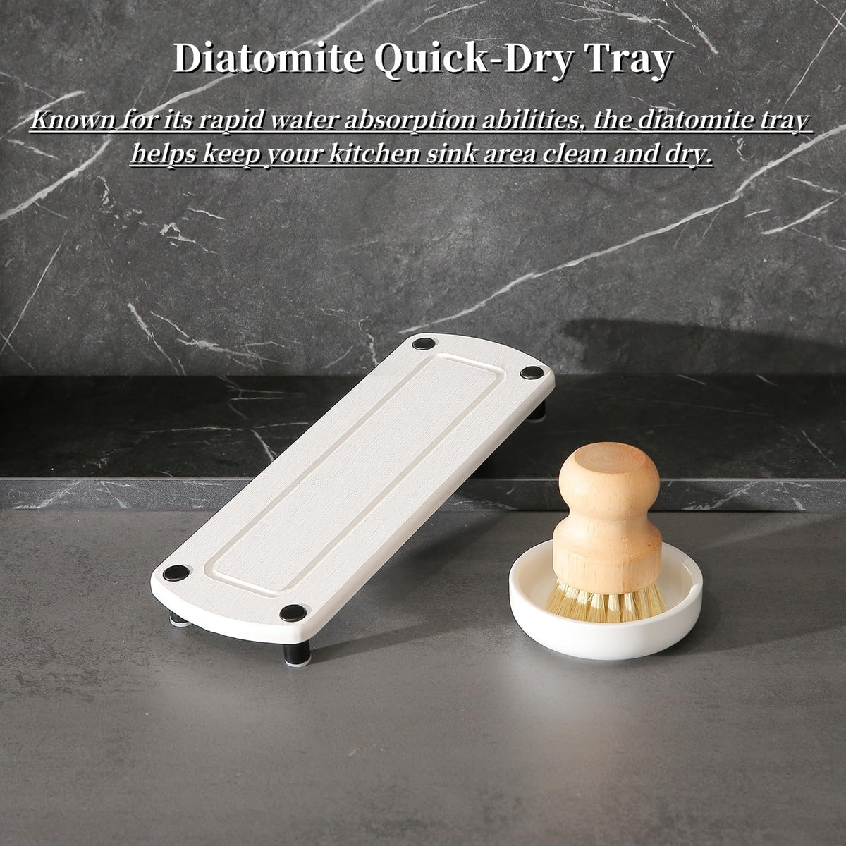 MOMEEMO White Soap Dispenser Set Comes with Stainless Steel Pumps, Instant Dry Tray, and Dish Scrub Brush, Suitable for Kitchen Accessories and Farmhouse Decor. (White)