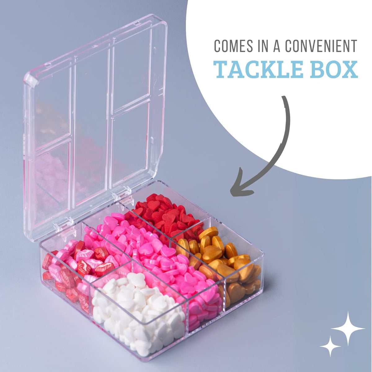 Sweets Indeed Valentines Heart Tacklebox, Edible Heart Shapes, Assorted Variety, Perfect for Cake Decorations, Baking, Ice Cream, Cookies, Cupcake Topper, 2.53 ounces (Sweetheart Tacklebox)