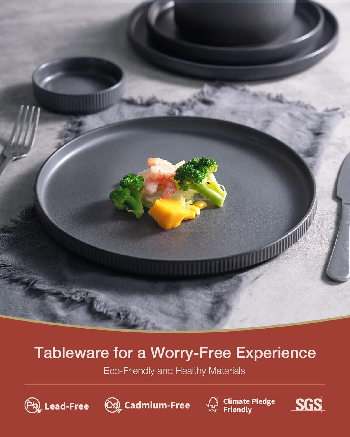Famiware Star Dinnerware Set with Mugs, Service for 4 (16pcs), Ribbed Stoneware Plates and Bowls Dishes Sets - Chip & Scratch Resistant, Microwave & Dishwasher Safe, Matte Dark Charcoal