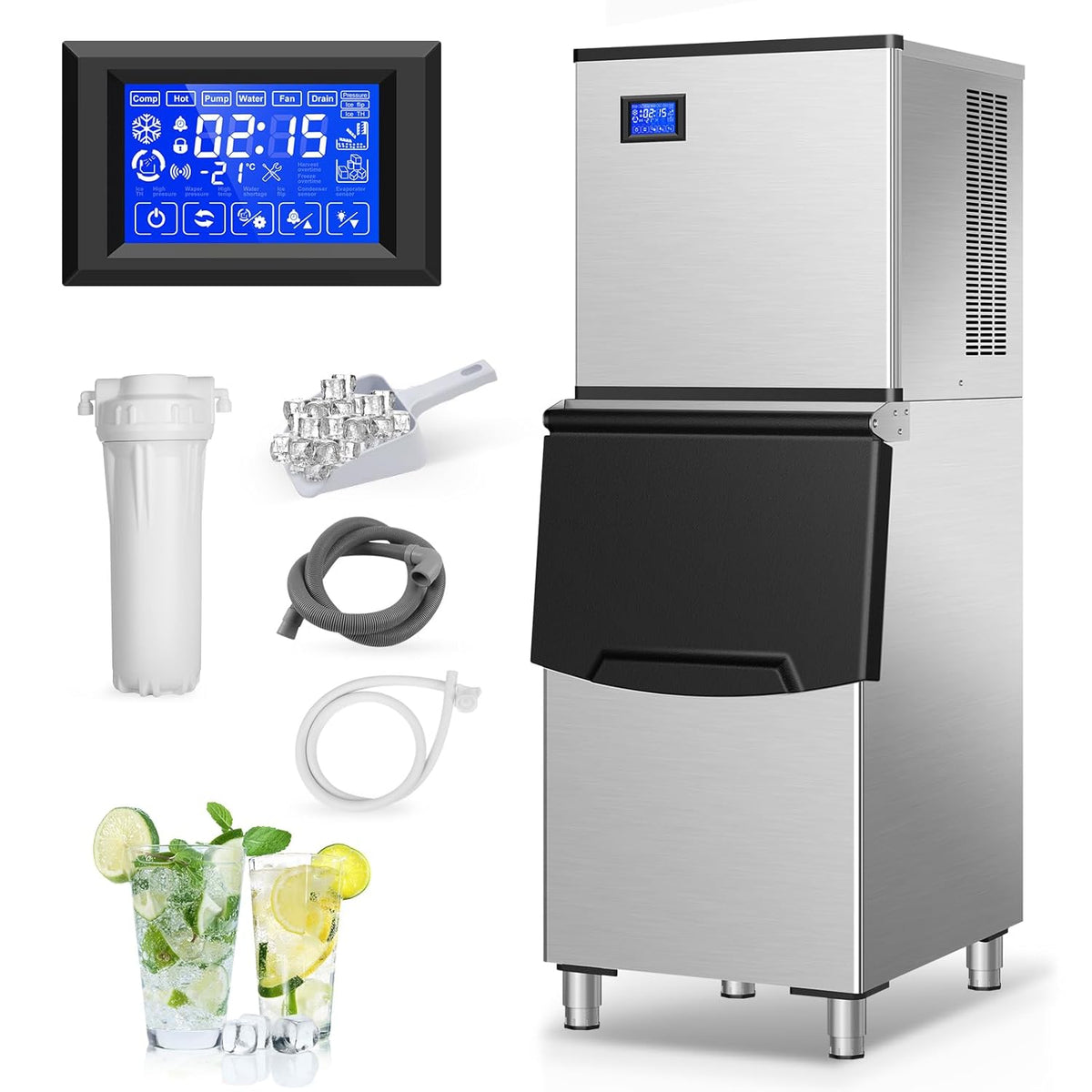 Commercial Ice Maker Machine 400Lbs/24H, Industrial Ice Machine 250 Lbs Storage Bin, 156PCS Clear Ice Cubes in 11 Mins, Freestanding Stainless Steel Ice Maker for Restaurants/Bar/Large Families