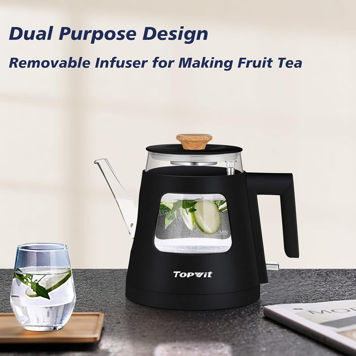 Topwit Electric Kettle, 1.0L Electric Tea Kettle with Removable Stainless Steel Infuser, BPA-Free Electric Glass Kettle with Window, Double Wall Water Warmer, Gooseneck, Auto-shut Off, Black