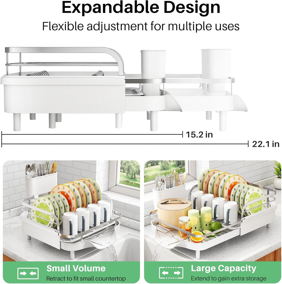 SAYZH Dish Drying Rack - Expandable Dish Rack for Kitchen Counter, Rust-Resistant Dish Drainer with Utensil Holder and Raised Guardrail, Kitchen Organizer for Cup and Bottle (White)
