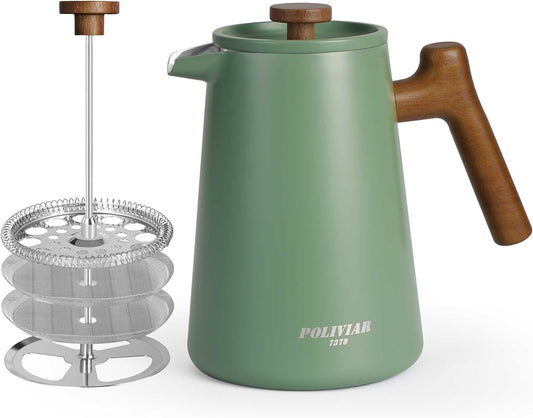 POLIVIAR French Press Coffee Maker, 34 oz Coffee Press with Real Wood Handle, Double Wall Insulation & Dual-Filter Screen, Food Grade Stainless Steel for Good Coffe and Tea, JX2025-XFPN