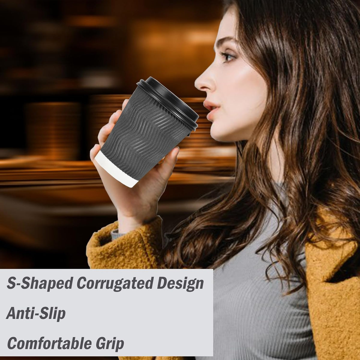 Lamosi 50 Pack - 12 oz Insulated Disposable Coffee Cups with Lids, To Go Paper Coffee Cups with Lids, Corrugated Ripple Wall Cup for Hot Drink Office Coffee Bar