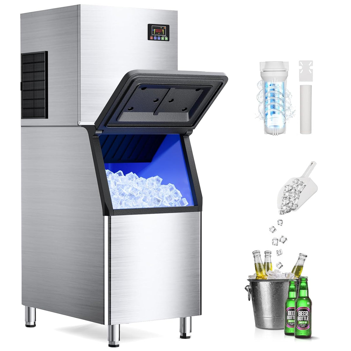 600LBS/24H Commercial Ice Machine Maker with 400LBS Storage Bin, Large Industrial Ice Maker, Self-Cleaning, Timing Function, 156 Ice Cubes Ready in 5-15min, Adjustable Ice Thicknesses