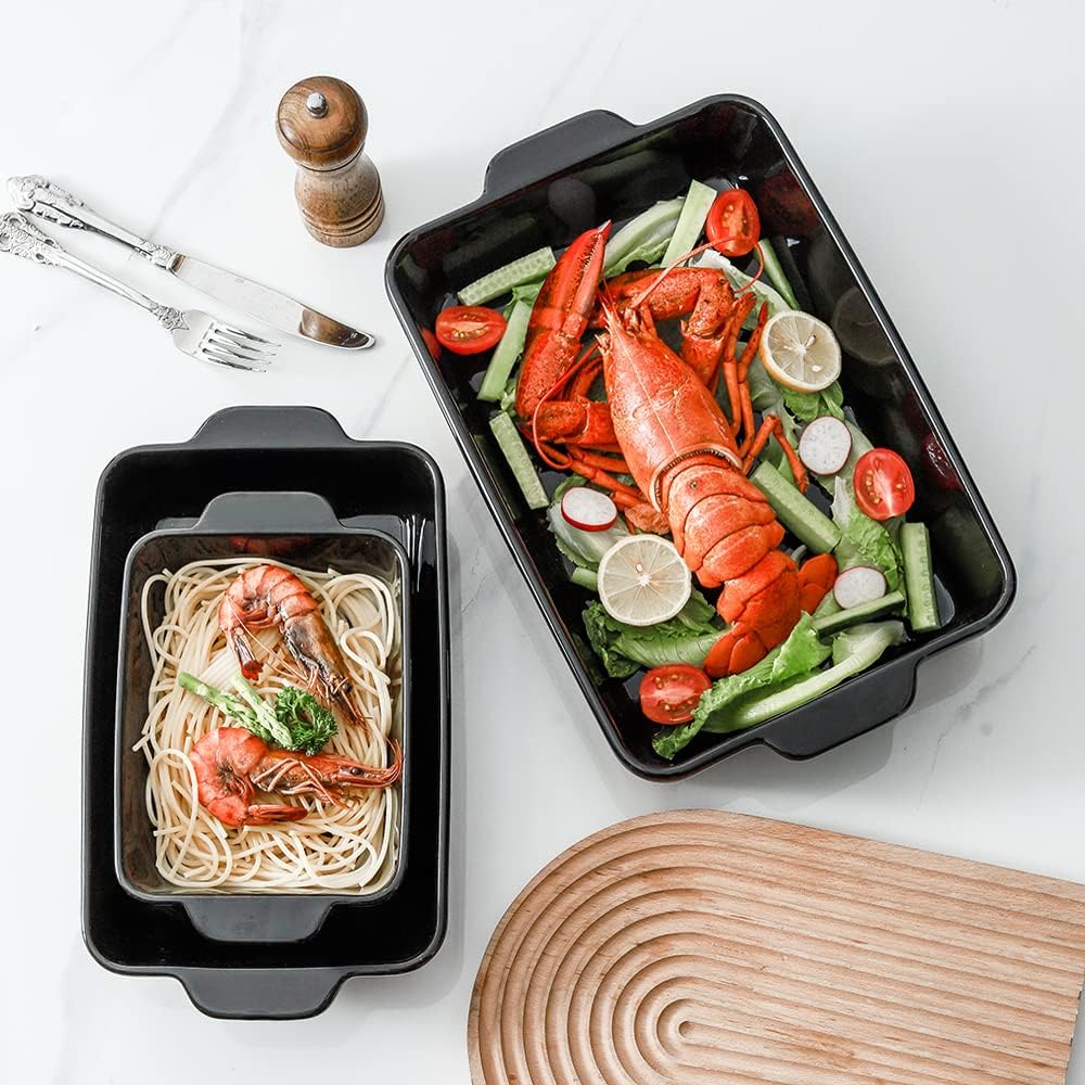 HVH Baking Dish Set, 9x13 Baking Dish, Ceramic Lasagne Pan Deep, Large Casserole Dish Set, Baking Dishes for Casseroles 13 x 9, Ceramic Bakeware Set of 3, Farmhouse Style (Black)