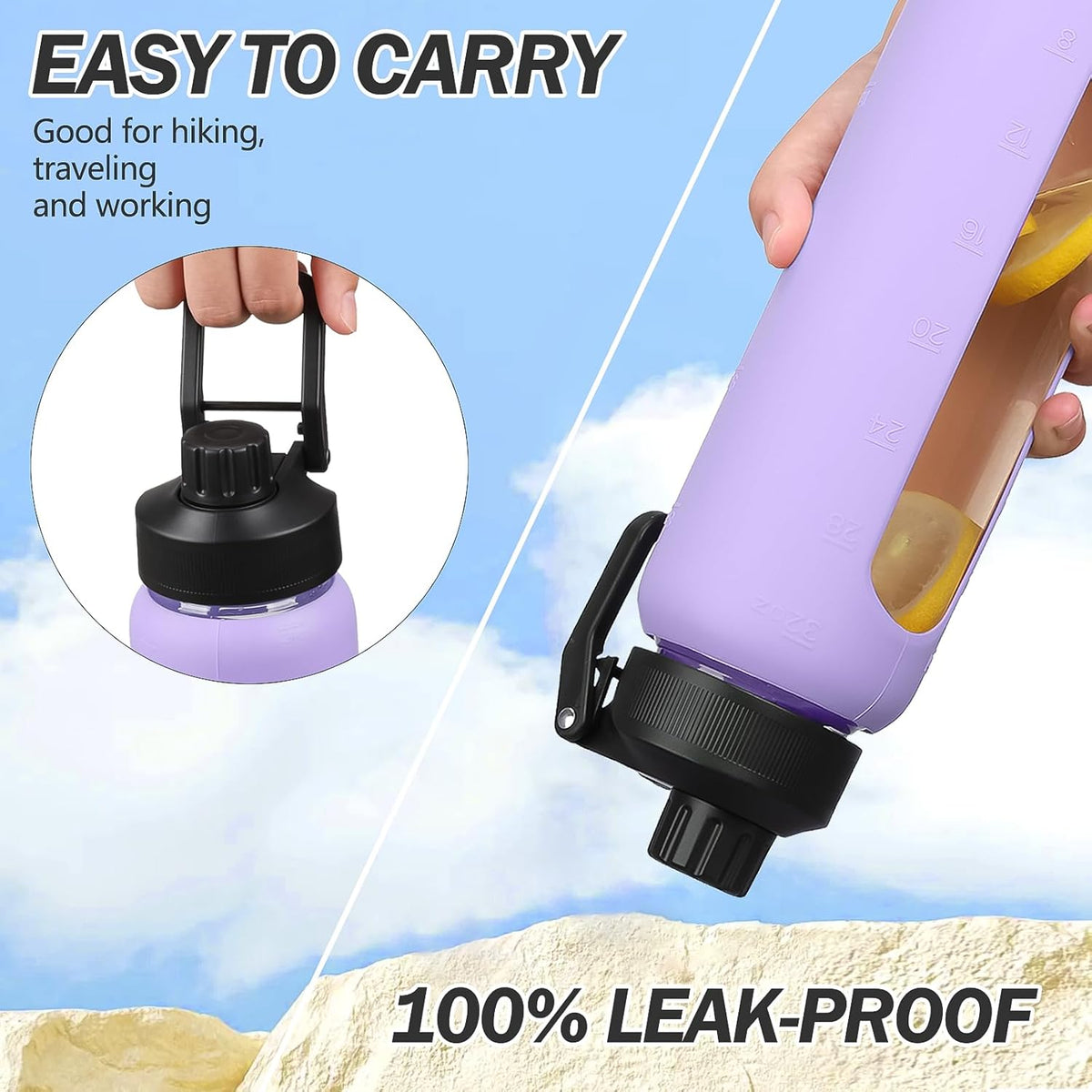 32oz Glass Water Bottle with Straw and 2 Lids- Bamboo Straw and Spout Lid with Phone Holder for Gym, Glass Drinking Bottles with Silicone Sleeve and Motivational Time Marker, Purple