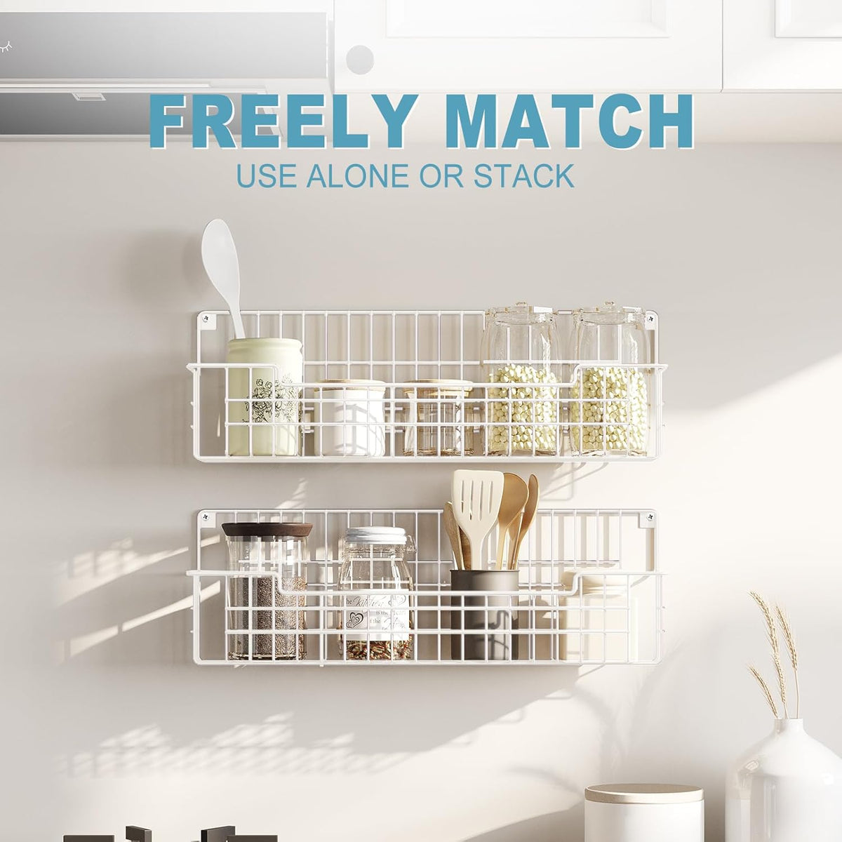 Spice Rack, 4-Pack Seasoning Organizer Wall Mounted for Kitchen Storage Organization, Metal Spice Holder Shelf for Cabinet, Pantry, White