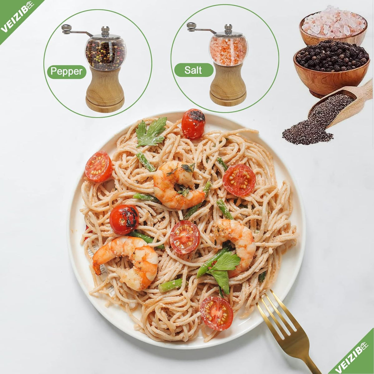 Pepper Mill Set, Classical Hand Shake Wood Pepper Grinder Set & Salt Mill, Wooden & Acrylic,Ceramic Blades Upgrade Metal Handle,Enjoy Fresh Ground Pepper Various Spices (Burlywood 2pcs-5in)