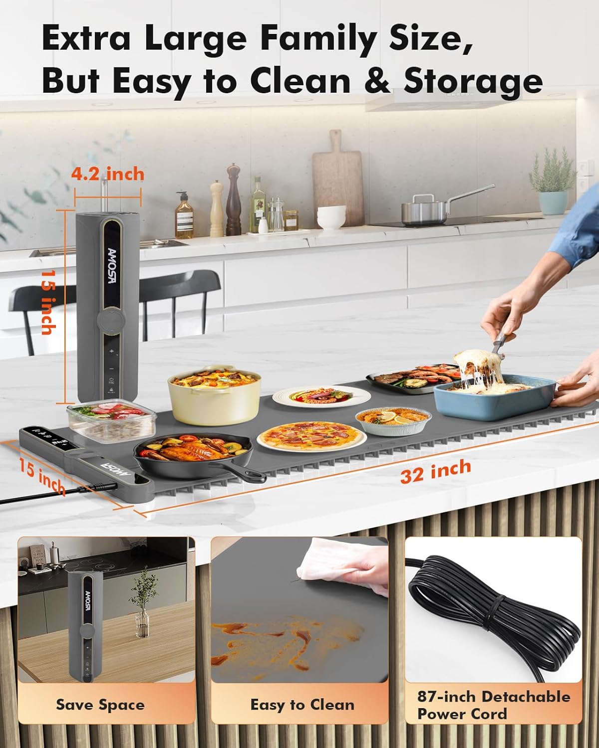 Warming Mat for Food, Fast Heating Electric Food Warmer with 9 Level Temperature and 6 Hours Timer, Extra Large Roll Up Silicone Food Warming Mat, Portable Warming Trays for Buffets Party (Grey)