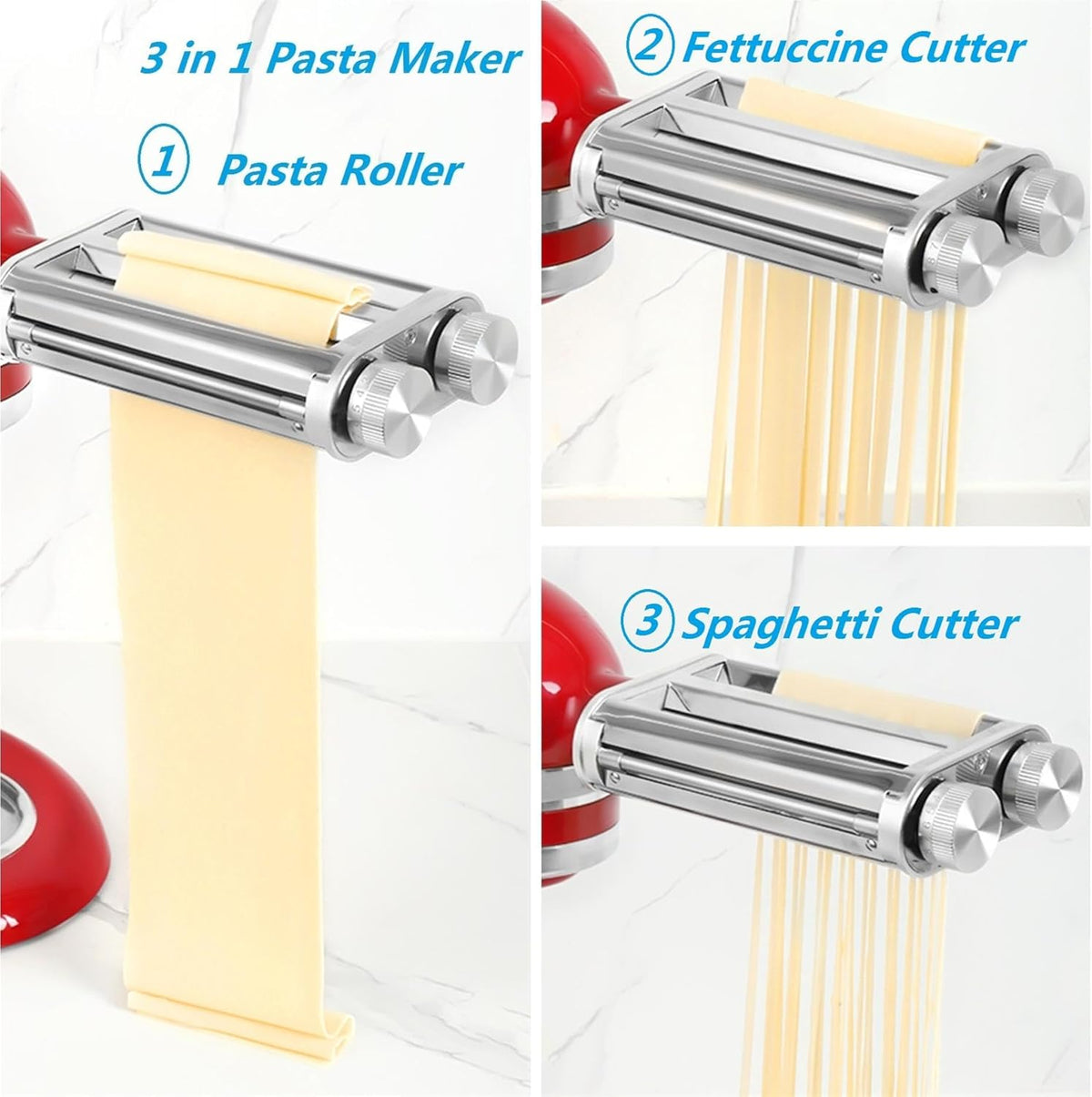 Pasta Maker Attachment for KitchenAid Mixers,3 in 1 Set Included Pasta Sheet Roller, Spaghetti and Fettuccine Cutter Accessories