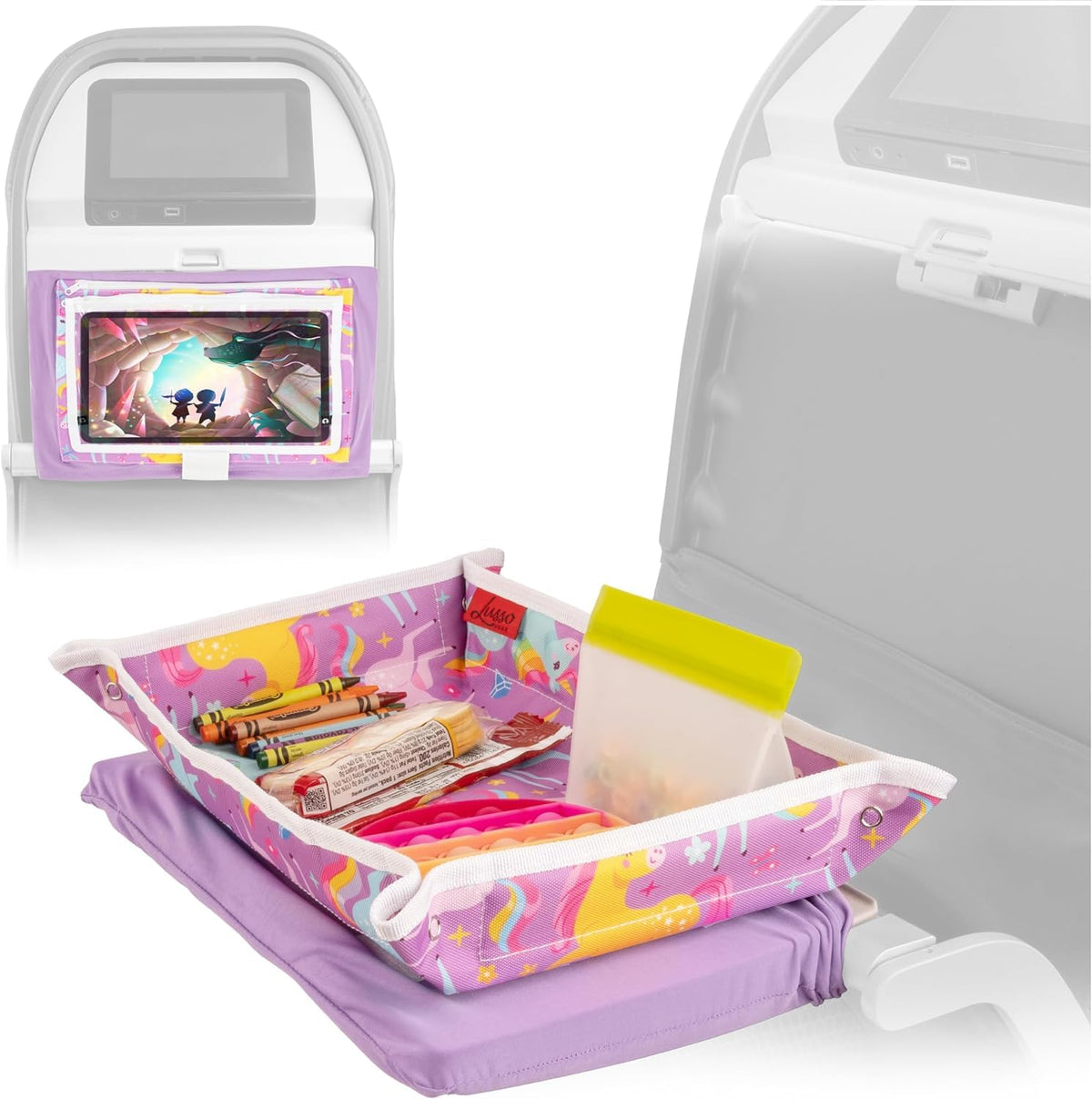 Lusso Gear Toddler Airplane Tray Table Cover with Pockets - Unicorn Print Textile Rectangular - Foldable Airplane Play Tray for Kids - Kids Travel Essentials & Toddler Travel Essential