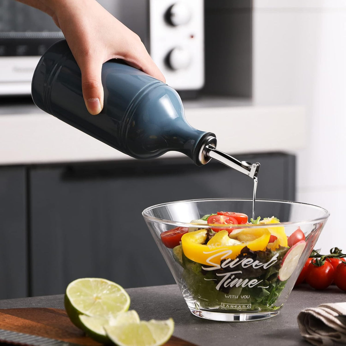 Sweejar Ceramic Olive Oil Dispenser Bottle, Opaque Oil Cruet Protects Oil to Reduce Oxidation, Suitable for Storage Oil, Vinegar, Coffee Syrups & Other Liquids, Pack of 1, 15.5 Fl Oz (Fog Blue)