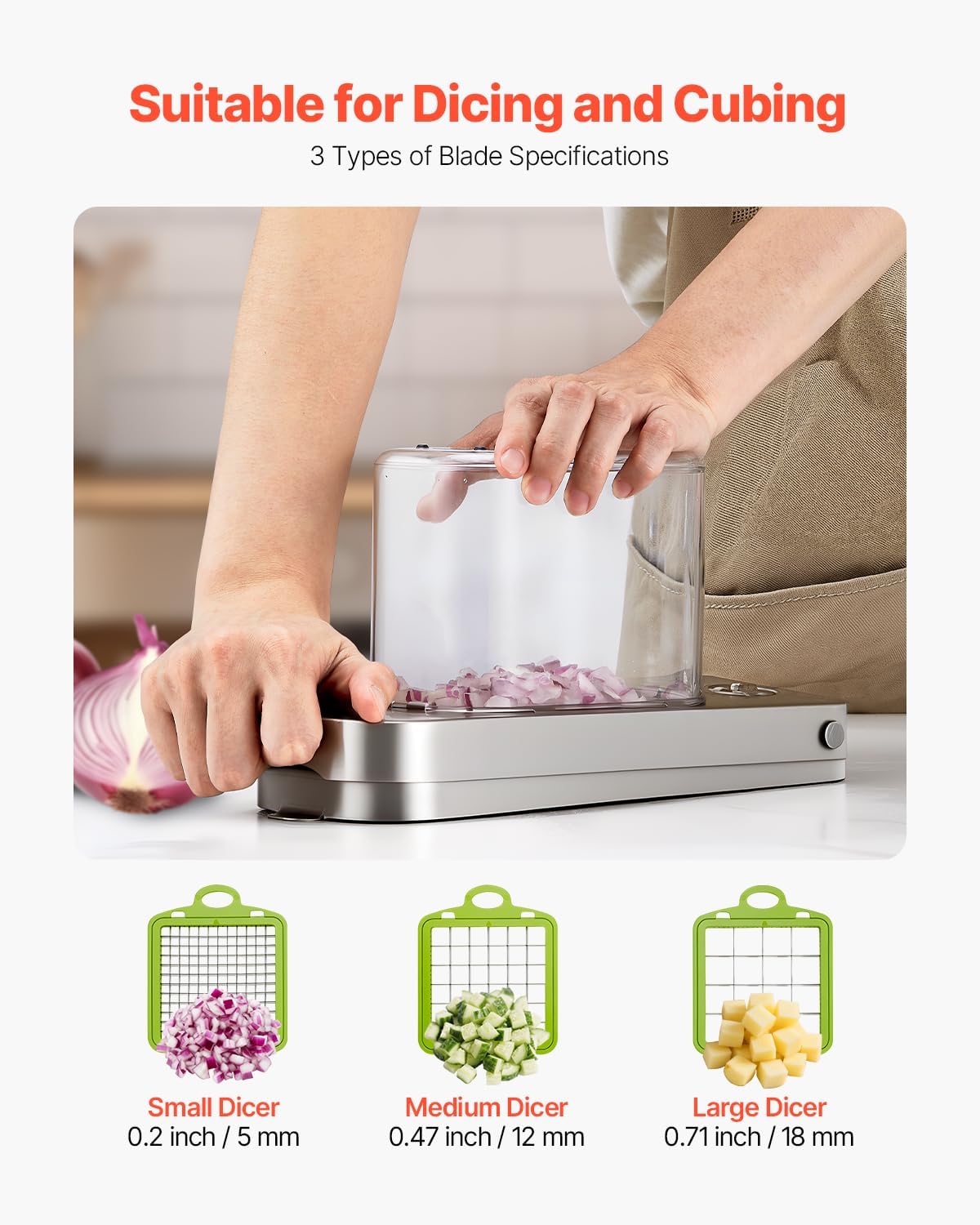 VEVOR Vegetable Chopper, Food Veggie Cutter with 3 Stainless Steel Blades, Onion Slicer with Container, Salad Potato Dicer Kitchen Gadgets & Essentials Home Appliances Tools for Easy DIY, Silver