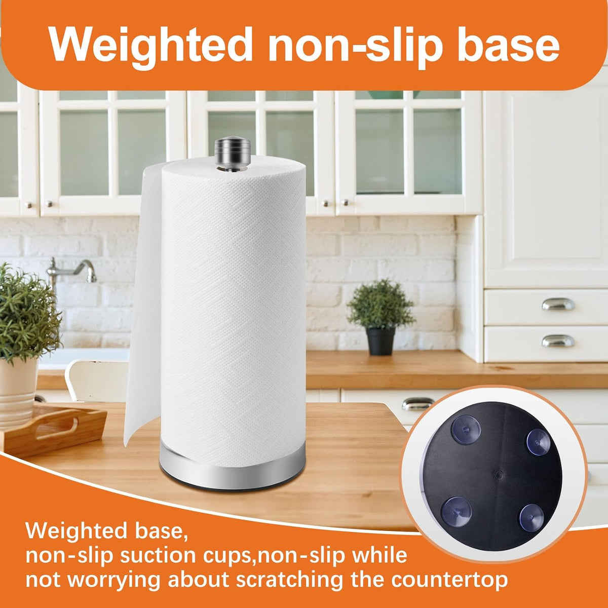 Stainless Steel Silver Paper Towel Holder Designed for Easy One-Handed Operation - This Sturdy Weighted Paper Towel Dispenser Countertop Model Has Suction Cups and Holds All Paper Towel Rolls