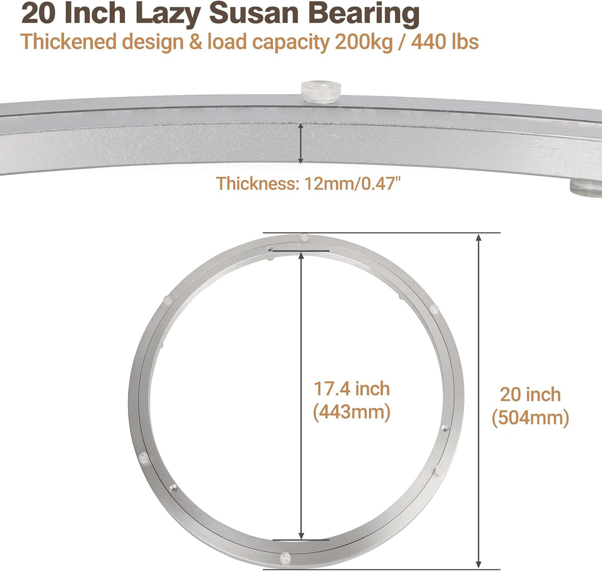 20 Inch Lazy Susan Aluminum Alloy Rotating Turntable Bearing, Non - Slip Metal Bearing Swivel Plate Hardware for Dining and Workbench,440 Pounds Capacity