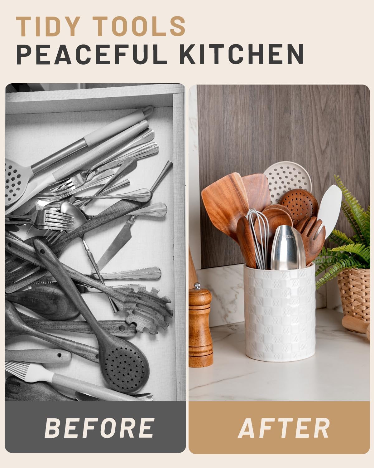 Nucookery 6.4'' Utensil Holder - Ceramic Utensil Holder for Kitchen Counter, Large Capacity Countertop Storage, Farmhouse Style Utensil Crock Organizer for Spoons, Spatulas & Cooking Tools