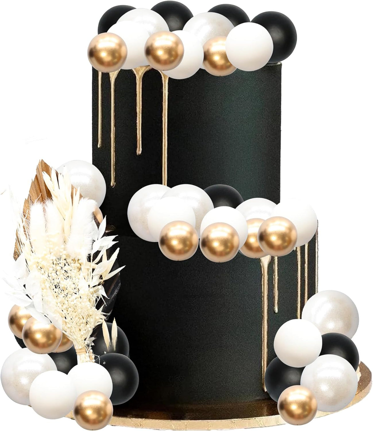 Gyufise 21 Pack Flower Boho Cake Topper Ball Cake Decorations Palm Leaves Plants Cake Decor for Girl Bohemian Princess Theme Wedding Baby Shower Birthday Party Supplies White Gold