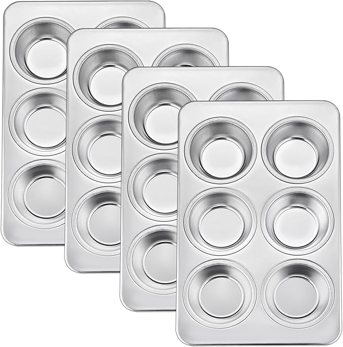 TeamFar Muffin Pan Set of 4, 6 Cup Muffin Tins Pans For Baking, Cupcake Pan Tray Set Stainless Steel for Baking Muffins Cakes Tarts and More, Healthy & Sturdy, Oven & Dishwasher Safe