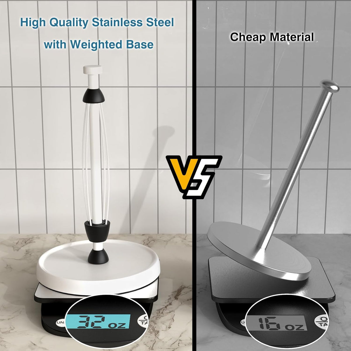 White Paper Towel Holder Countertop, White Kitchen Accessories Decor, Stainless Steel, Weighted Base, Paper Towel Roll Holder Stand with Ratchet Mechanism for Kitchen Bathroom Farmhouse Essentials