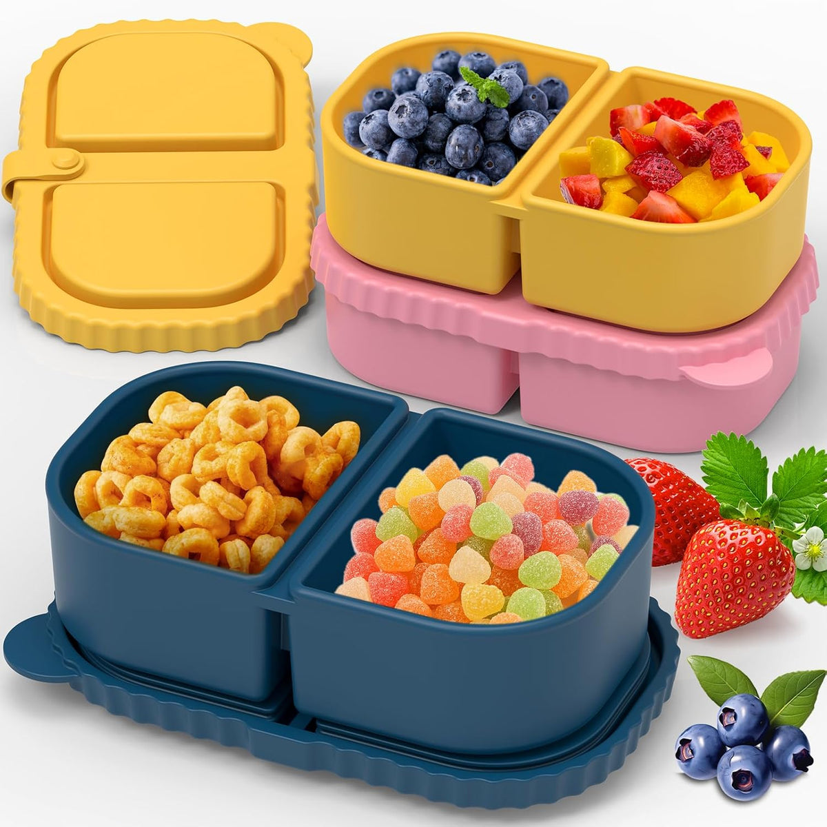 3 Pack Reusable Silicone Snack Containers with Lids, Mini Containers 2 Compartments, Portable Silicone Food Storage Box for Picnic, School, Office (3)