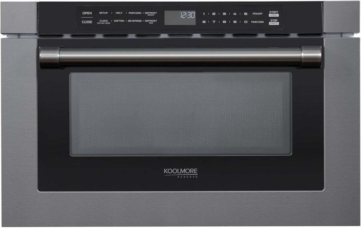 KoolMore Reserve 24 in. 1.2 cu. ft. Microwave Drawer with Electric Door Opening, 10 Power Levels, Sensor Cooking, Melt, Defrost, Bake, Roast, Broil, 1500 Watts, UL Certified in Black Stainless-Steel