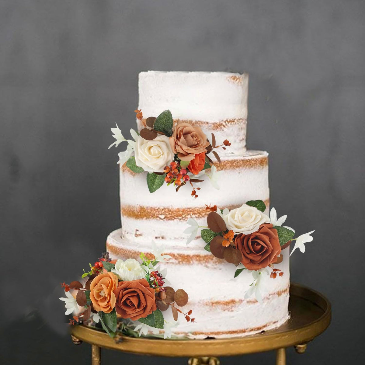 Rinlong 3Pcs Cake Topper Set Artificial Flowers for Cake Decor Burnt Orange Fall Wedding Cake Decorating Flowers for Baby Shower Birthday Party