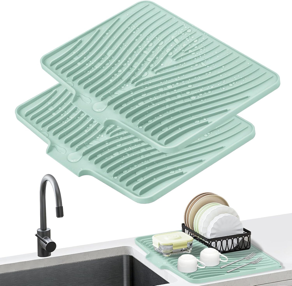Dish Drying Mat, Stone Drying Mat for Kitchen Counter with Built-in Drain, Non-Slip Drying Matt Kitchen Counter, Heat Resistant Silicone Drying Mat, Dish Drying Pad, 2 Pcs(15.8"X 13", Mint)