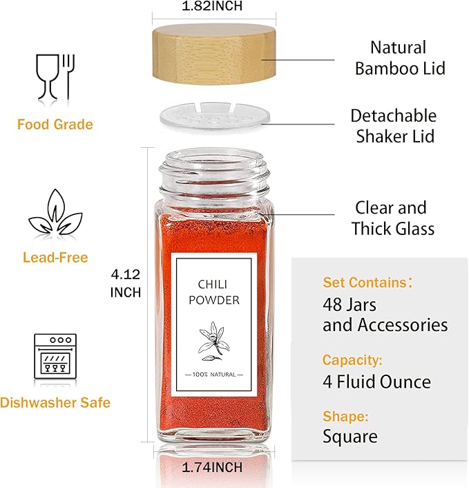 Aliggbent Spice Jars with Lable, 48 Pcs 4 oz Glass Spice Jars with Bamboo Lids, Spice Containers Bottles, Glass Seasoning Jars with Shaker Lids, Collapsible Funnel, for Spice Racks, Pantry,Cupboard