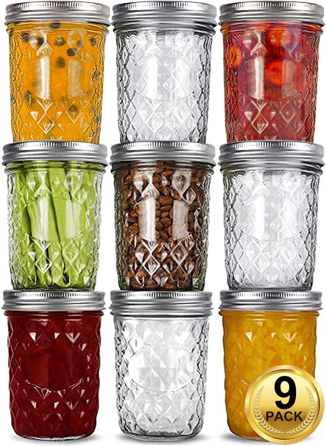 VERONES Wide Mouth Mason Jars 16oz, 9 Pack 16 oz Wide Mouth Mason Jars with Lids and Bands, Ideal for Jam, Honey, Wedding Favors, Shower Favors