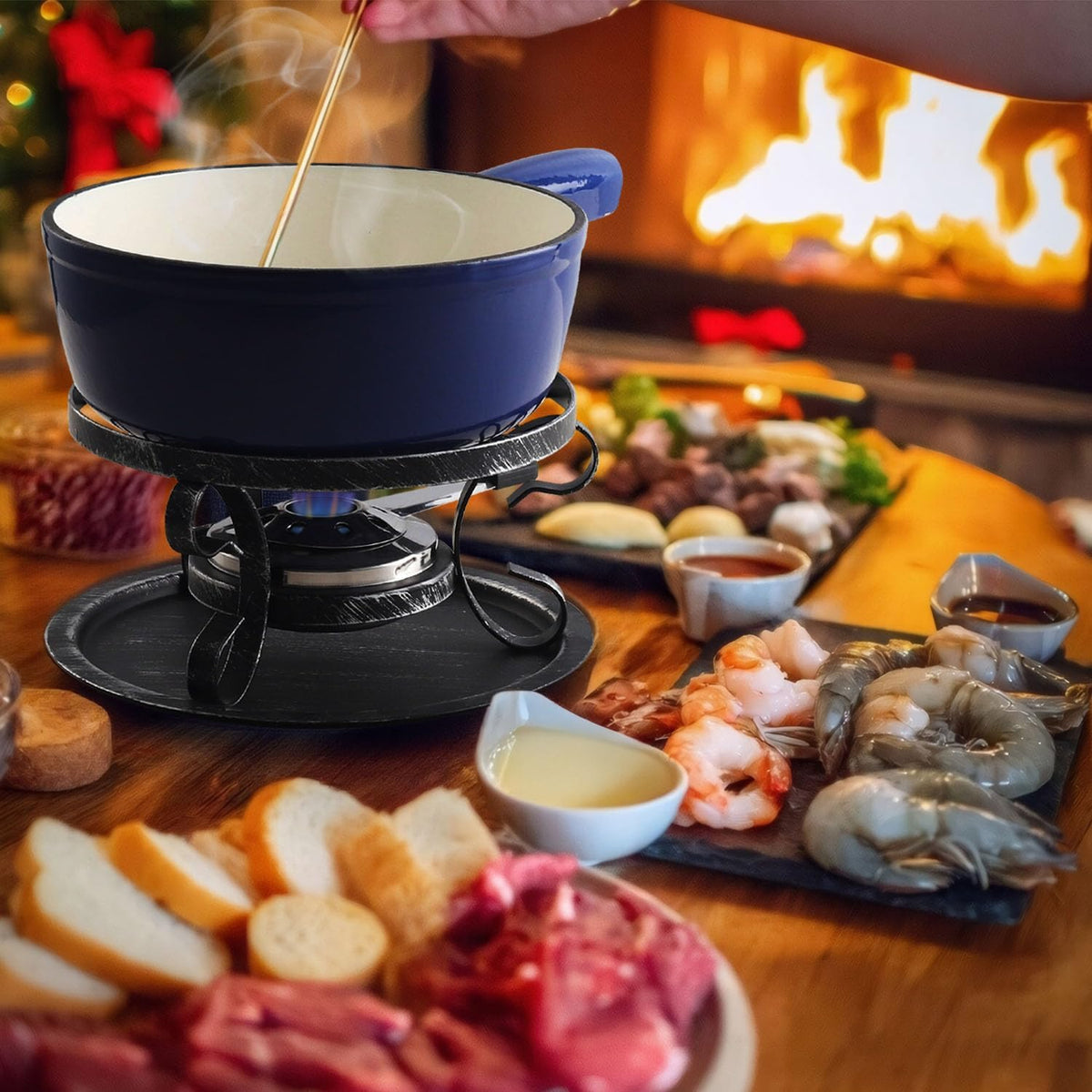 Artestia Swiss Fondue Set – Cast Iron Traditional 2L Cheese & Chocolate Fondue Pot for 4-6 People – Ideal for Melting Cheese, Chocolates, Caramel, & More, Blue