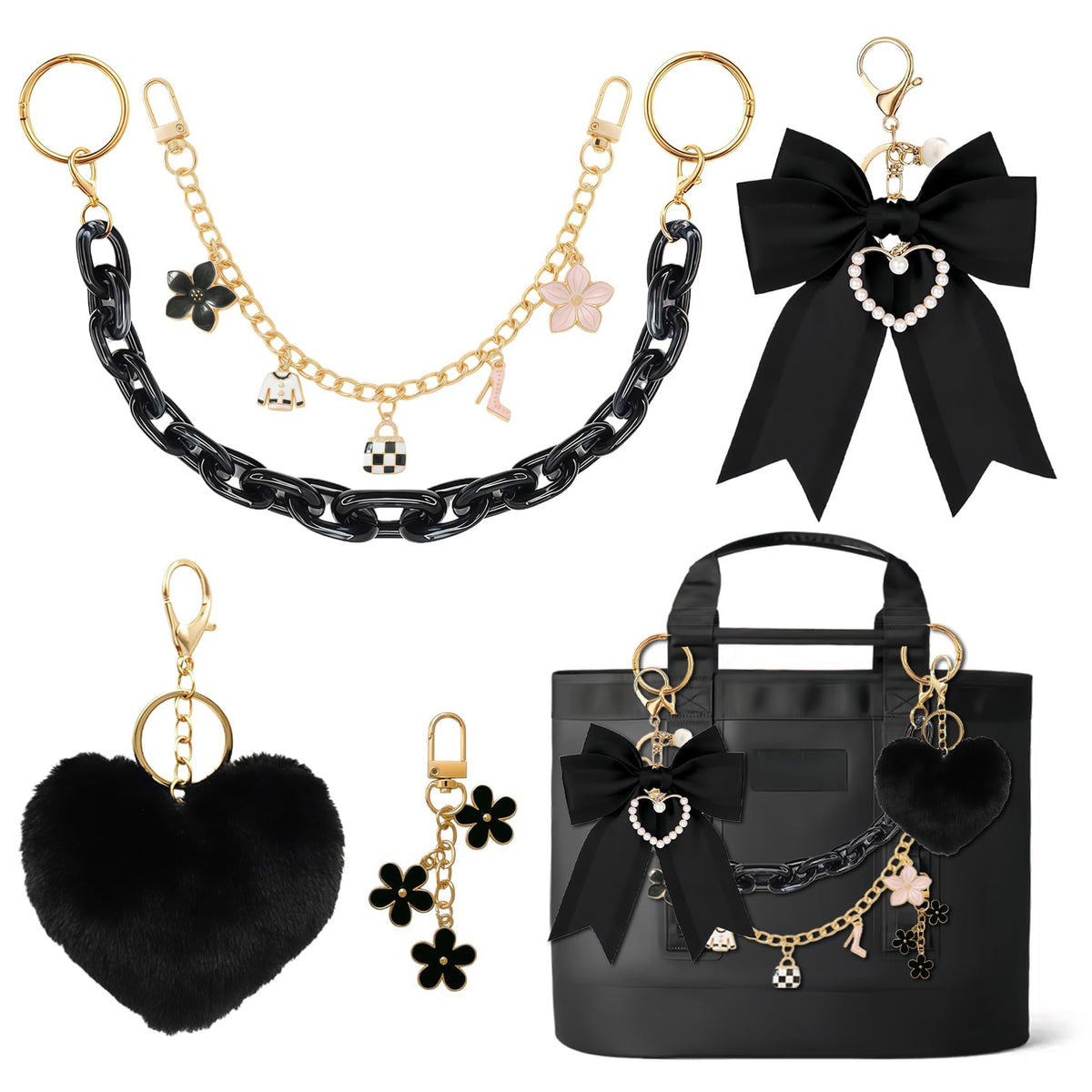 5Pcs Tote Bag Accessories Set for Women, Black Bag Charms Decorative