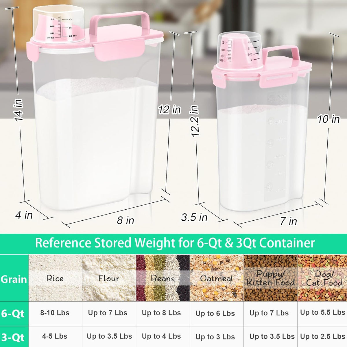 TBMax Rice Container 2 Pack, Airtight Cereal Container Oatmeal Storage with Easy-pouring Spout & Handy Cup for Flour Grain Beans, Pet Dog Cat Bird Food Storage Dispenser-Pink