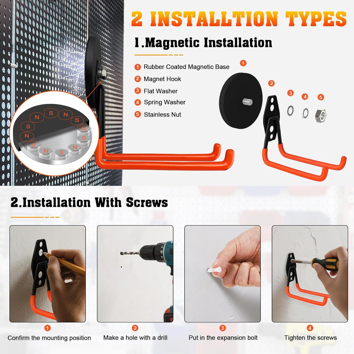 Large Magnetic Hooks Heavy Duty Magnetic Garage Hook,2 Pack Magnet Hooks with Anti-Slip Coating, Strong Storage Utility Magnetic Hook fo Metal Cabinet,Pegboard,Garage Shelve,Garden Tools(Orange,L)