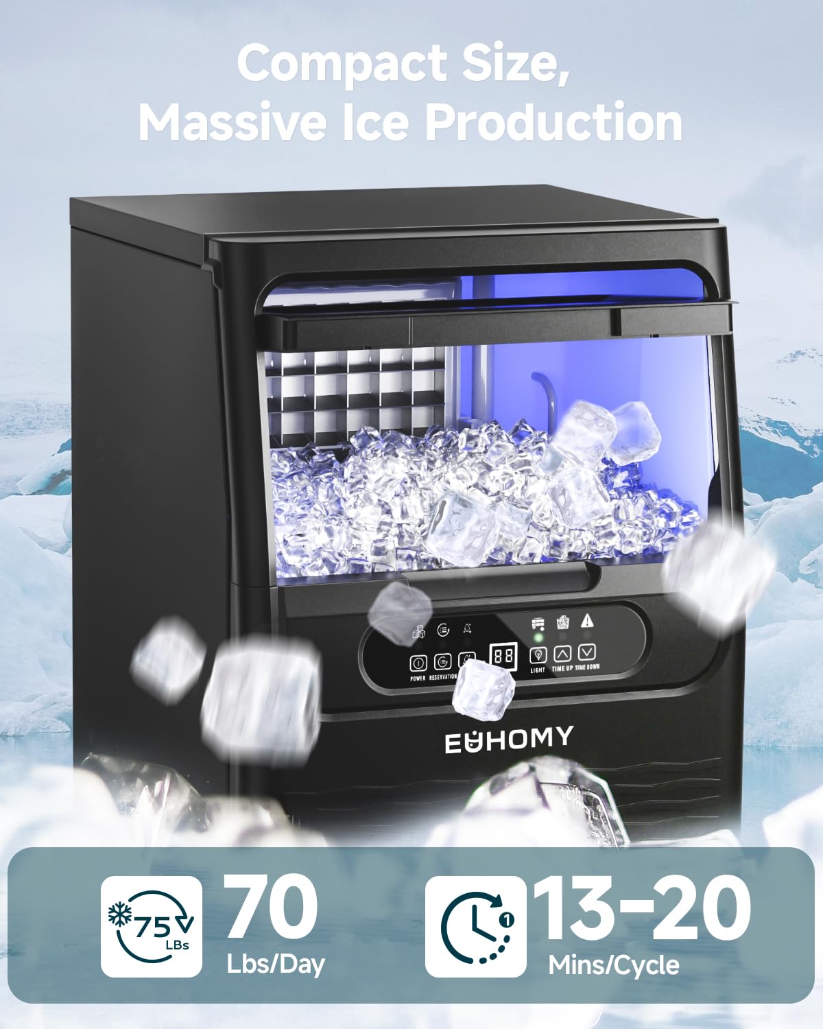 EUHOMY Commercial Ice Maker Machine,70lbs/24H,36 Ice Cubes in 8-12 Mins,Under Counter Ice Maker with Water Filter,12lbs Storage Capacity,Freestanding Ice Machine for Home/Bar/Cafe/Restaurant
