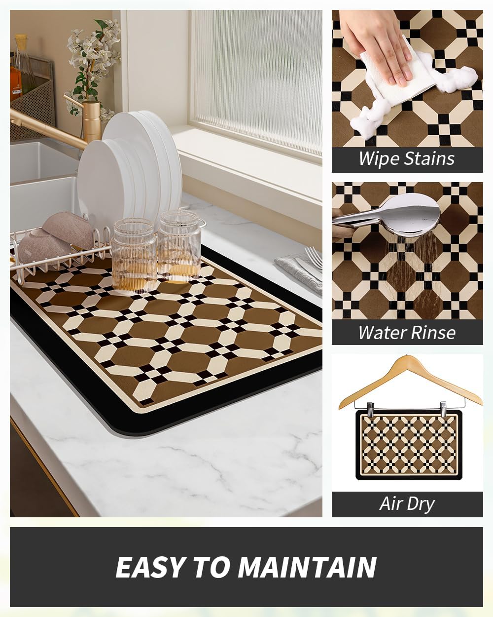 AMOAMI Coffee Mat Hide Stain Rubber Backed Absorbent Dish Drying Mat for Kitchen Counter - Fits Under Coffee Maker or Machine - 16X24