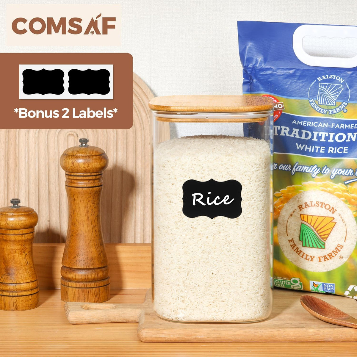 ComSaf 1.2 Gallon Wide Mouth Flour Sugar Storage Containers 2 Pcs, 148 oz Glass Storage Containers with Lids, Large Pantry Glass Jar with Lid, Big Jars for Rice, Flour, Sugar, Cereal, Cookie, Coffee