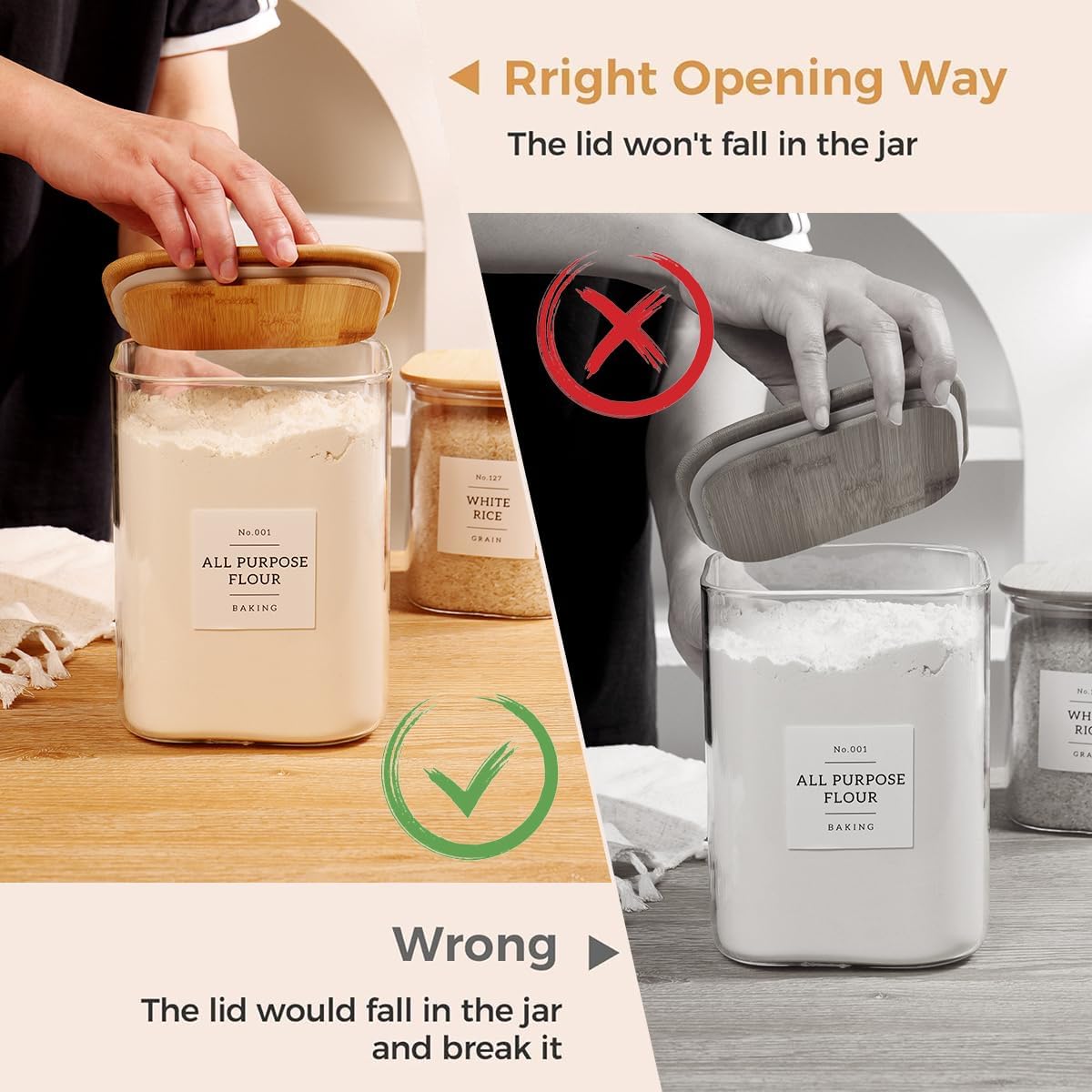 2 Pack large Square Glass Flour and Sugar Containers with 132 Kitchen Pantry Labels - 110 floz & 51 floz - Glass Jars with Airtight Bamboo Lid - Glass Rice Canisters for Coffee, Pasta, Cookie, Cereal